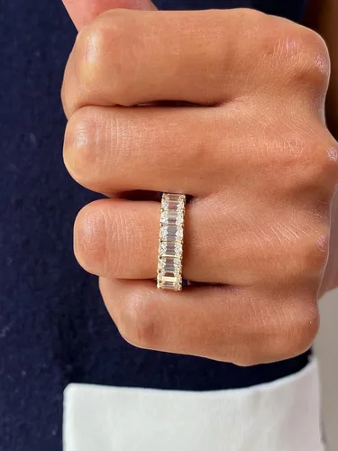 Vista 6 de Anillo de eternidad de moissanita de corte esmeralda de 5 34 a 7 12 quilates para mujer en oro blanco o amarillo de 14 k (D-E, VVS, CTW), anillo