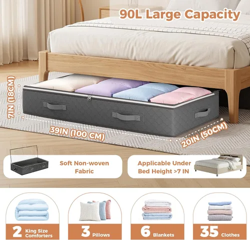 Vista 3 de Budding Joy - Contenedores de almacenamiento debajo de la cama de 90L, organizador de bolsas de almacenamiento debajo de la cama de gran capacidad
