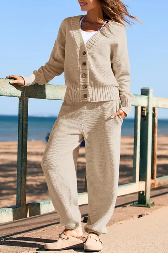 Vista 4 de Yanekop Womens Two Piece Outfits V Neck Button Down Cardigan Sweater Sets Cozy Knit Loungewear Set