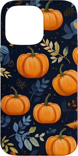 Vista 21 de iPhone 16 Calabazas y Hojas de Otoño Patrón Fondo Oscuro Caso