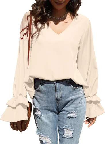 Vista 3 de LYANER Blusa casual de manga larga con cuello en V y volantes para mujer