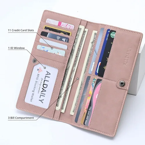 Vista 3 de Alldaily Billetera de cuero ultrafina para mujer, con bloqueo RFID, tarjetero de crédito, plegable, larga, Rosado oscuro