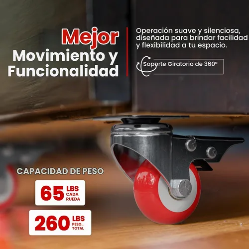 Vista 5 de Paquete de 4 ruedas giratorias sobre ruedas de poliuretano rojo (2 pulgadas sin freno)