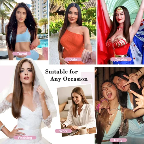 Vista 8 de S-noilite 8 piezas de extensiones de cabello largo con clip para mujer, extensiones de cabello sintético de doble trama, 18 pulgadas, #12H24 Honey