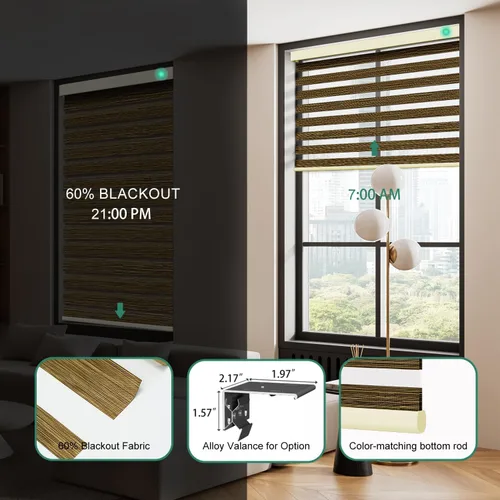 Vista 3 de Persianas motorizadas de cebra con control remoto [doble capa + filtro de luz] Persianas inteligentes 60% opacas para ventanas interiores