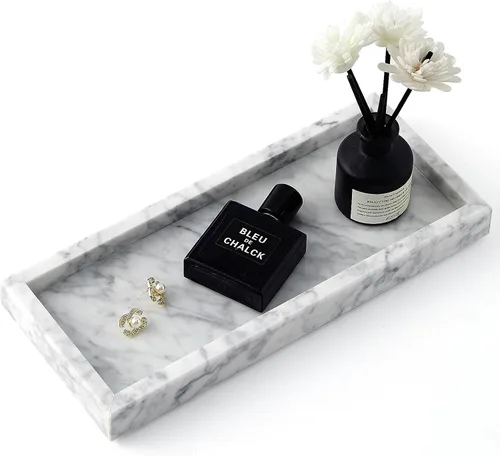 Vista 15 de Bandeja de mármol natural real para baño, tocador, cocina y escritorio, bandeja rectangular de piedra de mármol genuino para joyas, cosméticos