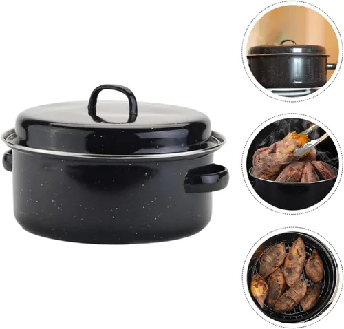 Vista 5 de Yardwe Sartén para asar redonda redonda asadora olla cubierta de esmalte sartén asador sartén asador olla pavo