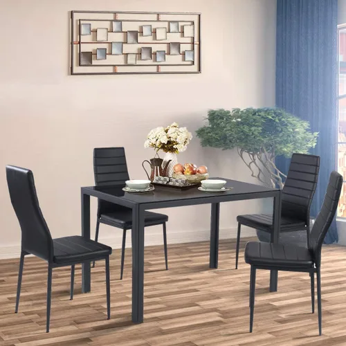 Vista 8 de S AFSTAR Juego de mesa de comedor de 5 piezas, juego de mesa de cocina con mesa de vidrio templado negro y 4 sillas acolchadas de piel sintética