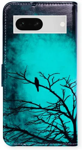 Vista 7 de Bcov Funda para Pixel 7a, diseño de pájaro negro de cuero verde con tapa para teléfono con ranura para tarjetas, soporte para Google Pixel 7a