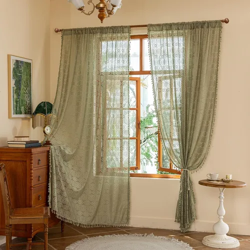 Vista 52 de YJ YANJUN - Cortinas de café boho, 24 pulgadas de largo, 2 paneles, cada una de 59" de ancho x 24" de largo, beige, con crochet, cortinas de cocina