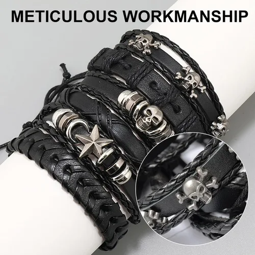 Vista 2 de Black Leather Bracelet, 6Pcs/Set Adjustable Braided Soft Elastic Goth Bracelets, Rock Punk Halloween Skull Bracelet for Men Women