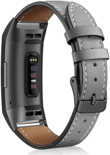 Vista 6 de Correa de cuero compatible con Fitbit Charge 3/Charge 4, bandas de cuero genuino de repuesto para mujeres y hombres 01. Conector de grafito y marrón