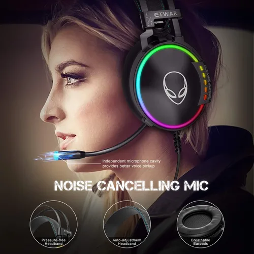 Vista 3 de ETWAR Auriculares USB para juegos para PC, 7.1 con micrófono con cancelación de ruido, con luces RGB para portátiles con micrófono
