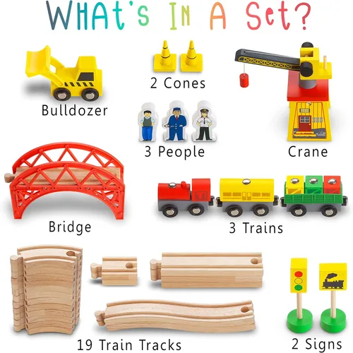 Vista 2 de KipiPol Juegos de trenes de madera para niños de 2 a 4 a 7 años – 38 piezas de tren de madera para niños pequeños con grúa, puente y pistas de tren