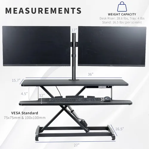 Vista 3 de VIVO DESK-KIT-VE36B2 - Convertidor de escritorio eléctrico de altura ajustable de 36 pulgadas con soporte de monitor dual para pantallas de 13 a 30