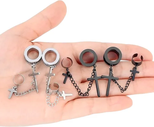 Vista 7 de Longbeauty 2 Pairs Surgical Steel Dangle Cross Ear Tunnels Fashion Ear Gauges Plugs Expander Stretchers Piercings Black & Silver 2g-58