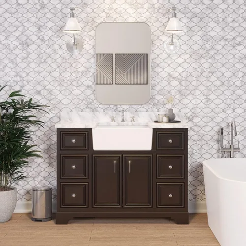 Vista 2 de Kitchen Bath Collection Zelda - Mueble de granja de 48 pulgadas (carrara/chocolate): incluye gabinete de chocolate con encimera de mármol italiano