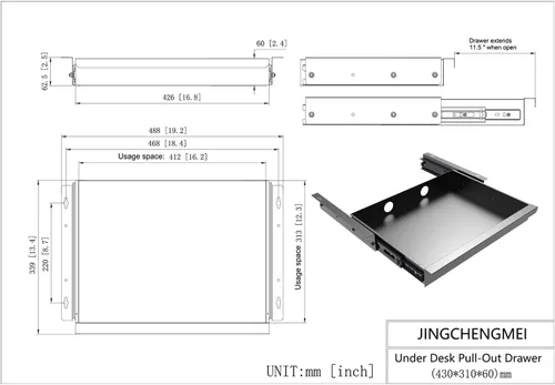 Vista 3 de Cajón deslizante extraíble montado debajo del escritorio para escritorio de oficina de 19.2 pulgadas de ancho x 13.4 pulgadas de profundidad