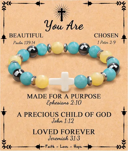 Vista 32 de JoycuFF Regalos Cristianos, Pulseras de Cruz para Mujeres, Joyería Cristiana Católica Religiosa de Fe de Pascua, Pulseras de Piedra Natural