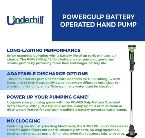 Vista 3 de Underhill POWERGulp Bomba de transferencia de agua inalámbrica con batería para bricolaje, fontanería, paisajismo, barcos, contratistas, A-PG-18V-DE