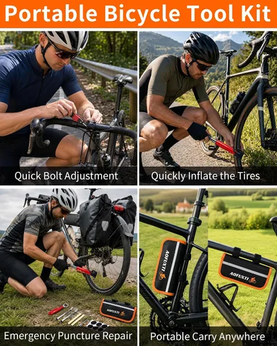 Vista 6 de Kit de reparación de bicicleta de 14 piezas con bomba de neumáticos, portátil y duradero Essential Bicycle Tool kit with 16-in-1 tool, tire