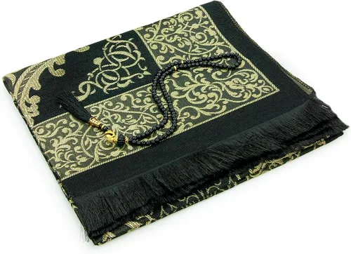 Vista 3 de ihvan online Alfombra de oración musulmana con 99 cuentas Tasbih y bolsa de viaje, tafetán suave sajadah, ligero y plegable, tapete de oración Negro