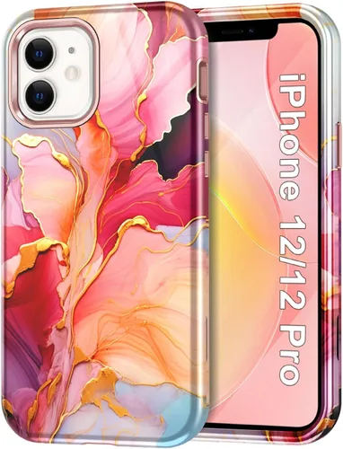 Vista 9 de Btscase para iPhone 12/iPhone 12 Pro, funda resistente de tres capas de mármol a prueba de golpes, cuerpo completo, PC duro + parachoques de TPU