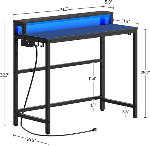 Vista 3 de YATINEY Escritorio pequeño para computadora con estación de carga y luces LED, escritorio para juegos con soporte para monitor, escritorio
