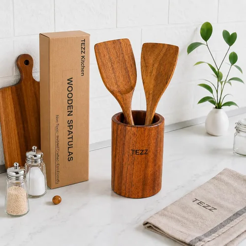 Vista 5 de Espátulas de madera, 2 piezas de utensilios de cocina de madera de acacia natural para sartén antiadherente, herramienta de cocina, espátula