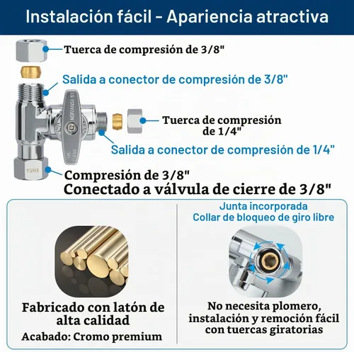 Vista 7 de Válvula Add-A-Tee de parada angular de latón, válvula de T de compresión de 3/8 x 3/8 x 1/4, Adaptador de agua de alimentación para refrigeradores