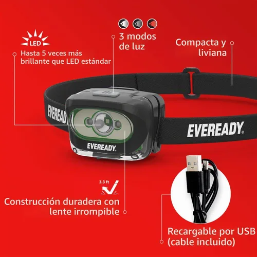 Vista 2 de Eveready Linterna frontal recargable LED, faro resistente al agua para exteriores, camping y luz de trabajo mecánico