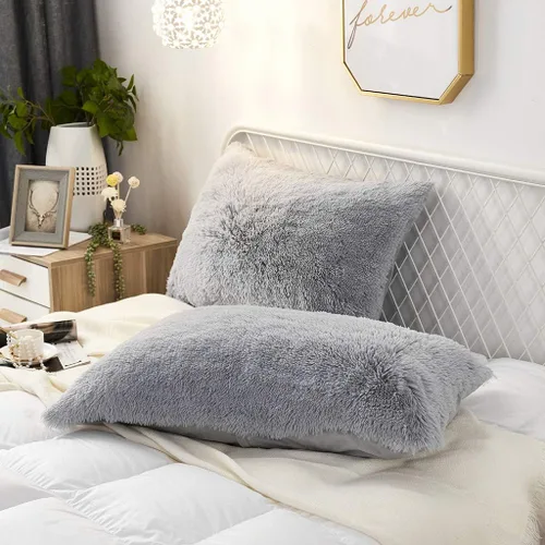 Vista 14 de Juego de 2 fundas de almohada estándar de piel sintética de terciopelo suave, fundas de almohada decorativas con cierre de cremallera