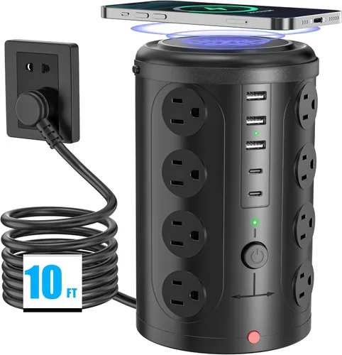 Vista 18 de Regleta de alimentación con protector de sobretensiones de torre (16 salidas de CA + 5 puertos USB incluyendo 2 tipos C), cable de extensión de 5