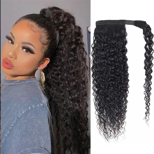 Vista 12 de Extensiones de cabello con ondas de agua para cola de caballo, trenzado humano, pegamento mágico Pony, extensiones de cabello humano brasileño