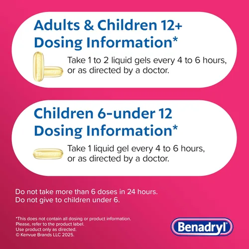 Vista 5 de Benadryl Liqui-Gels Medicine - Cápsulas de gel líquido sin colorantes con 25 mg de antihistamínico de difenhidramina HCl para aliviar la alergia