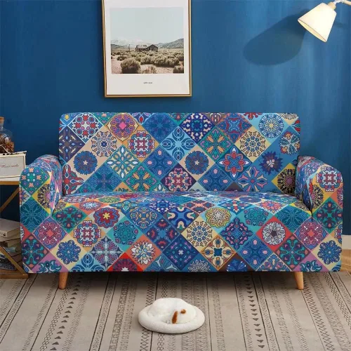 Vista 2 de Funda elástica para sofá con estampado bohemio, funda elástica para sofá floral con mandala, protector universal de muebles para sillón