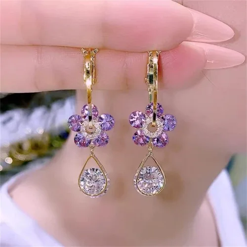 Vista 9 de Aretes de flores azules de calidad, diseño especial, aretes de gota de agua, aretes de flores de calidad, aretes retro extranjeros únicos, aretes