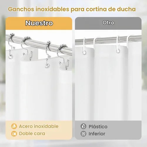Vista 6 de Juego de cortinas de ducha 3 en 1 marrón claro con forro de PEVA y 6