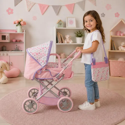 Vista 2 de Cochecito convertible de muñeca con moisés de viaje extraíble para niños, asa ajustable, con toldo y cesta de almacenamiento, 25 pulgadas