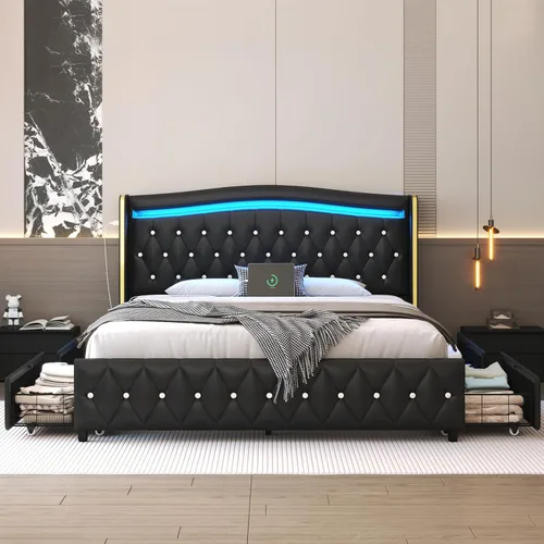Vista 7 de E-Motie Base de cama tamaño completo con cabecera tipo wingback, plataforma tapizada con luces LED RGB, estación de carga, 4 cajones
