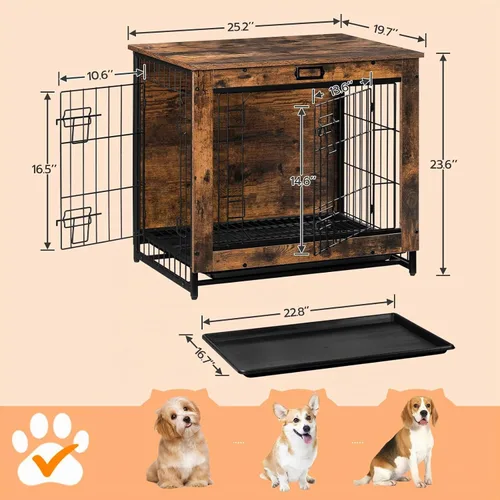 Vista 3 de Mueble de jaula para perros, perrera pequeña de 25.5 pulgadas para interiores, jaula de madera con bandeja extraíble, mesa auxiliar lateral que