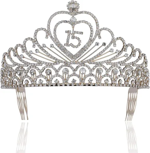 Vista 8 de Quinceañera Sweet 15 Quinceañera Fiesta de 15 Cumpleaños coronas de quinceañeras Corona de tiara de diamantes de imitación austríacos blanco claro