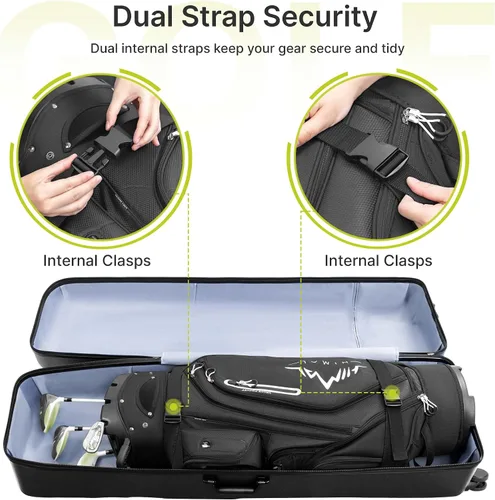 Vista 4 de Funda rígida de viaje de golf con ruedas, diseño de carcasa rígida de PC, impermeable, duradera y de gran capacidad, funda de viaje de golf