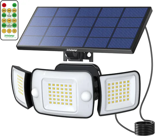 Vista 9 de intelamp Luz de inundación solar para exteriores, impermeable, 6000 mAh, 1200 lúmenes, luces Sesnsor de doble movimiento, detección de 180°, control
