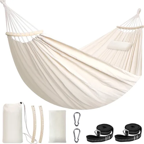 Vista 14 de Chihee - Hamaca de algodón grande y transpirable para acampar, con capacidad de hasta 660 libras, portátil, con barra separadora desmontable