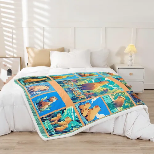 Vista 2 de Manfei Capybara - Manta de cama de roedores de América del Sur para niños y niñas, decoración de habitación, manta de retazos enrejados para sofá