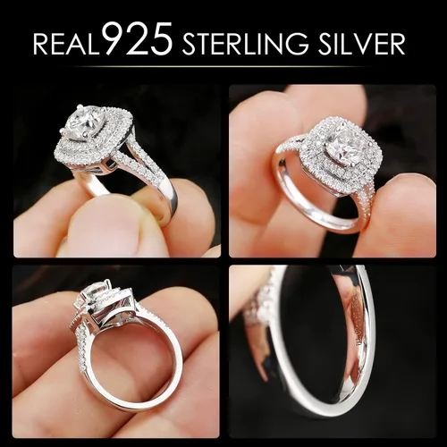 Vista 4 de MOYKULN Moissanite Engagement Rings for Women, 3ct Halo Cushion Cut Wedding Rings D Color VVS1 18k White Gold Plated 925 Sterling Silver Lab Created