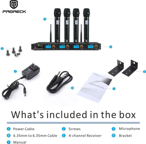Vista 7 de PRORECK MX44 Sistema de micrófono inalámbrico UHF de 4 canales con 4 micrófonos de mano Máquina de karaoke