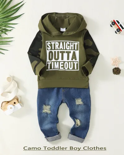 Vista 2 de Conjunto de ropa de bebé para niño pequeño, sudadera de mezclilla, pantalones de mezclilla para otoño e invierno