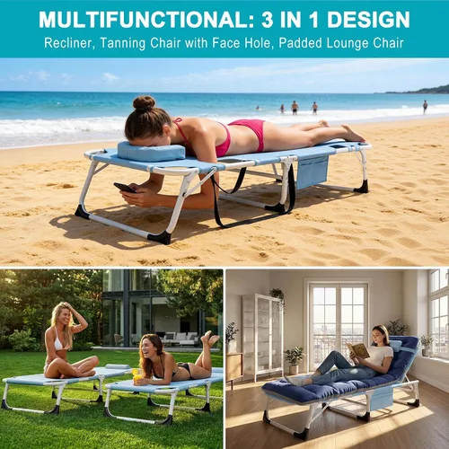 Vista 4 de ABORON - Silla de bronceado 3 en 1 extragrande con tapete y reposabrazos, tumbonas plegables resistentes, 5 posiciones para exteriores, para playa
